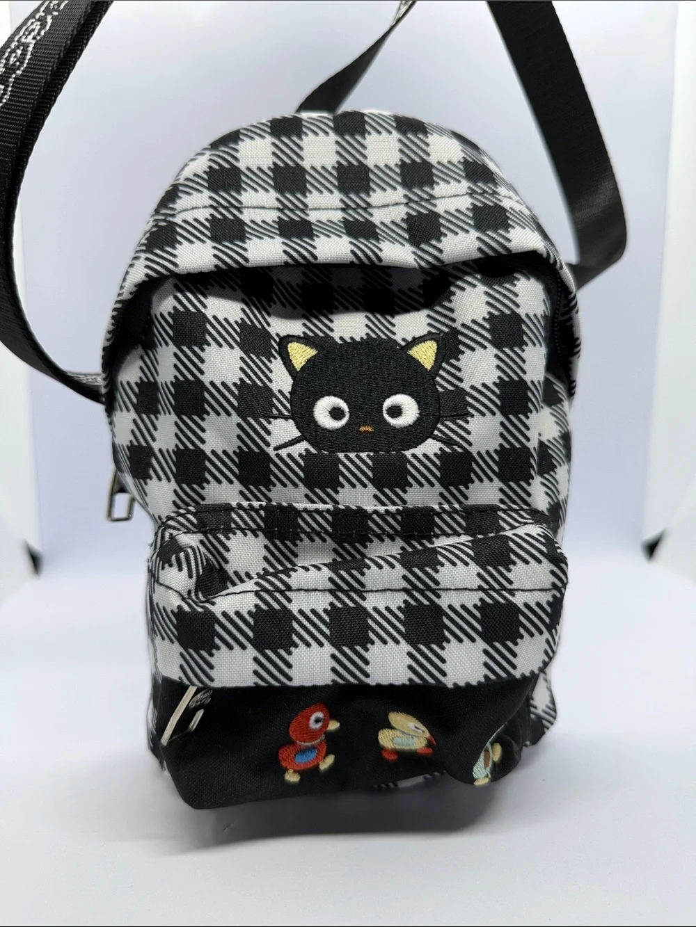 Sanrio Black & White Plaid Mini Backpack with Kuromi-style Cat Patch